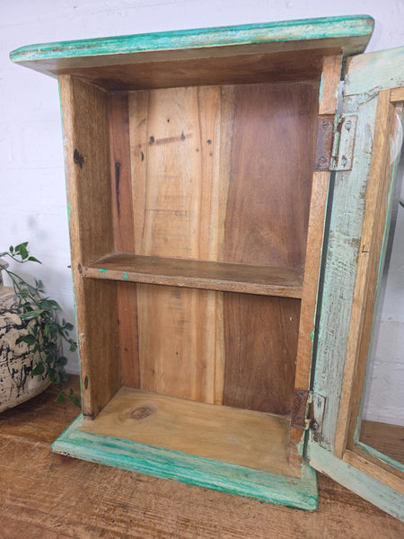 Vintage Indian Colonial Wooden Glazed Shop Display Bathroom Kitchen Wall Cabinet