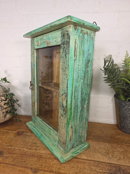Vintage Indian Colonial Wooden Glazed Shop Display Bathroom Kitchen Wall Cabinet