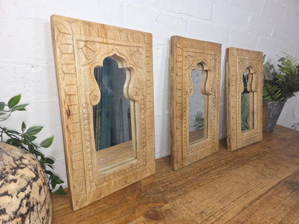 Rustic Reclaimed Indian Hand Carved Wooden Wall Mirror