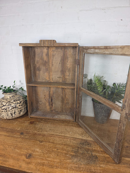 Vintage Indian Colonial Wooden Glazed Shop Display Bathroom Kitchen Wall Cabinet