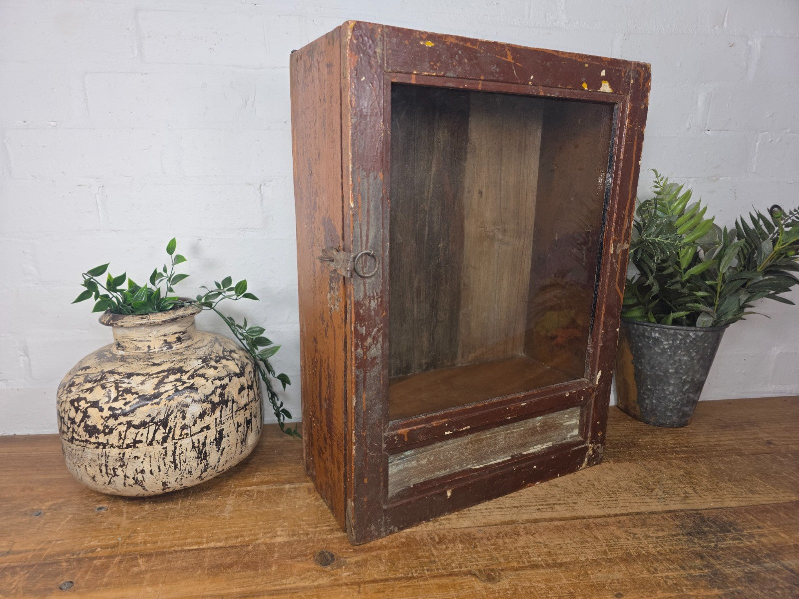 Vintage Indian Colonial Wooden Glazed Shop Display Bathroom Kitchen Wall Cabinet