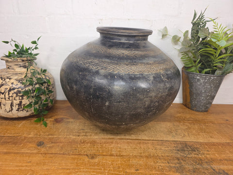 Large Antique Vintage Rustic Wabi Sabi Clay Ceramic Indian Water Pot Vase Lota