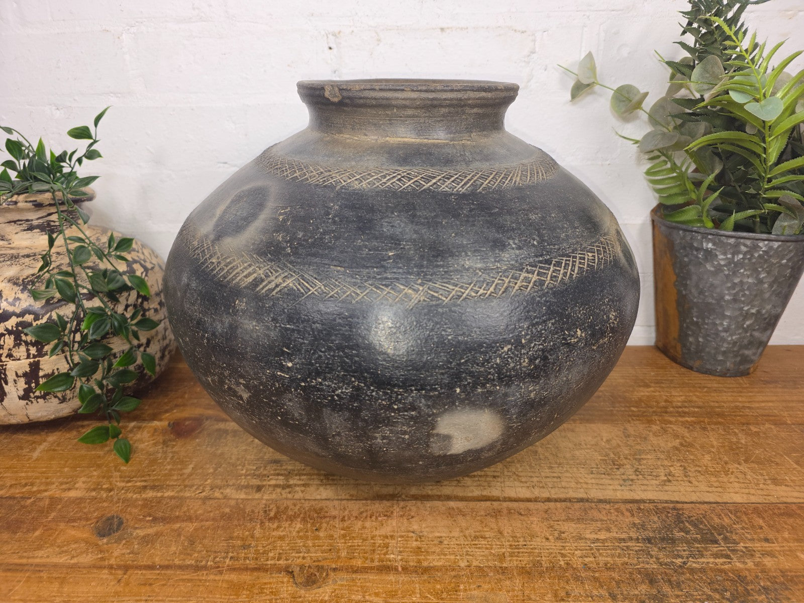 Large Antique Vintage Rustic Wabi Sabi Clay Ceramic Indian Water Pot Vase Lota