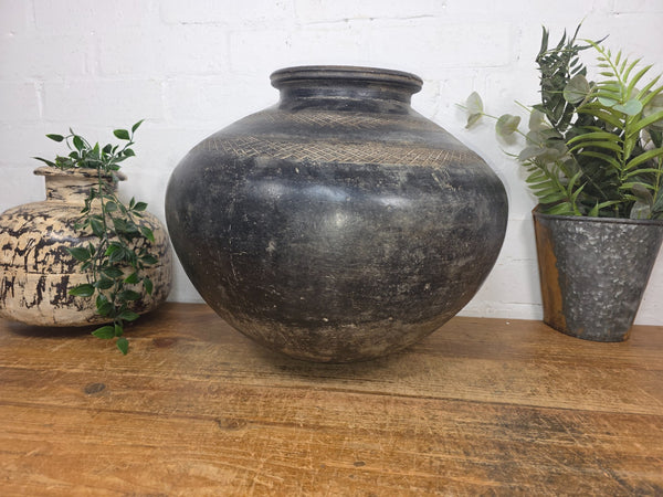 Large Antique Vintage Rustic Wabi Sabi Clay Ceramic Indian Water Pot Vase Lota