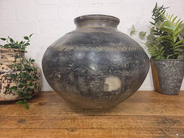 Large Antique Vintage Rustic Wabi Sabi Clay Ceramic Indian Water Pot Vase Lota