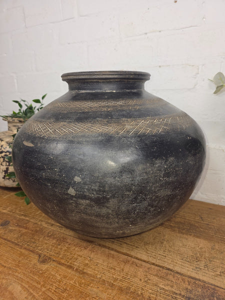 Large Antique Vintage Rustic Wabi Sabi Clay Ceramic Indian Water Pot Vase Lota
