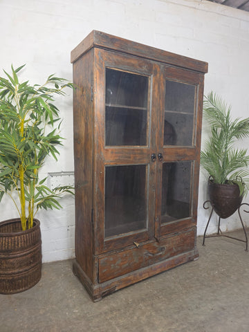Vintage Indian Hardwood Glazed Colonial Wooden Kitchen Drinks Display Cabinet
