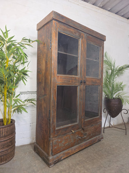 Vintage Indian Hardwood Glazed Colonial Wooden Kitchen Drinks Display Cabinet
