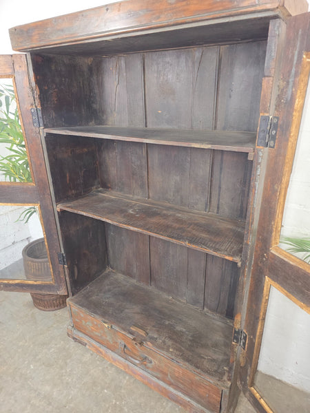 Vintage Indian Hardwood Glazed Colonial Wooden Kitchen Drinks Display Cabinet