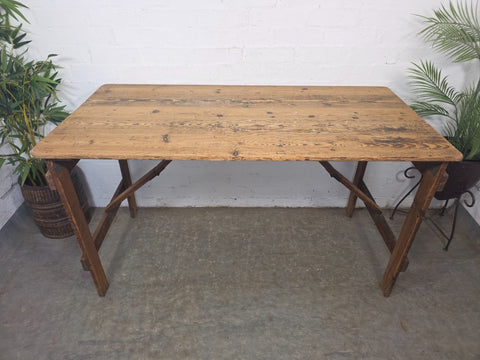 Vintage Rustic 1940's Military Pine Wooden Folding Trestle Dining Table Desk