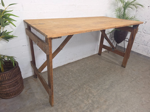Vintage Rustic 1940's Military Pine Wooden Folding Trestle Dining Table Desk