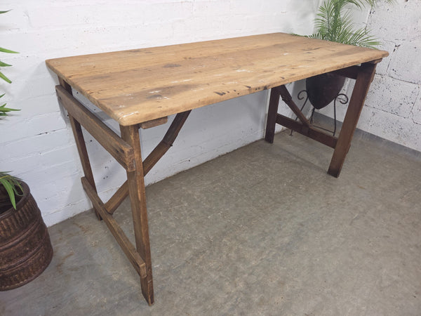 Vintage Rustic 1940's Military Pine Wooden Folding Trestle Dining Table Desk