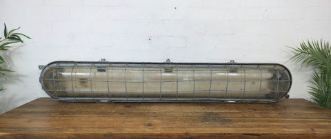 Large Vintage Industrial Caged Factory Explosion Bulk Head Ceiling Strip Light