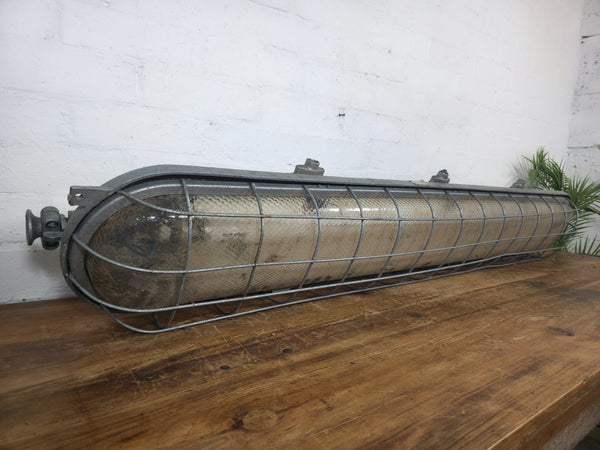 Large Vintage Industrial Caged Factory Explosion Bulk Head Ceiling Strip Light