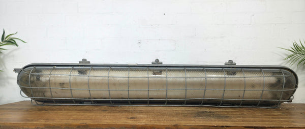 Large Vintage Industrial Caged Factory Explosion Bulk Head Ceiling Strip Light