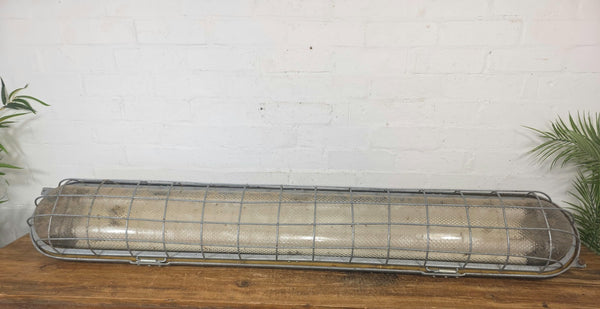 Large Vintage Industrial Caged Factory Explosion Bulk Head Ceiling Strip Light