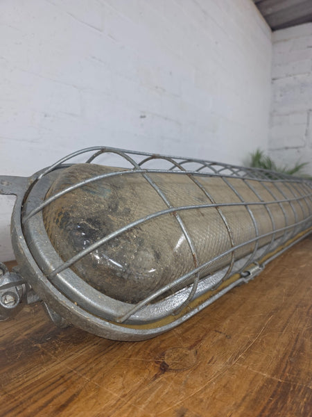Large Vintage Industrial Caged Factory Explosion Bulk Head Ceiling Strip Light
