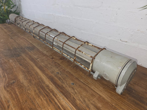 Large Vintage Industrial Caged Factory Explosion Bulk Head Ceiling Strip Light