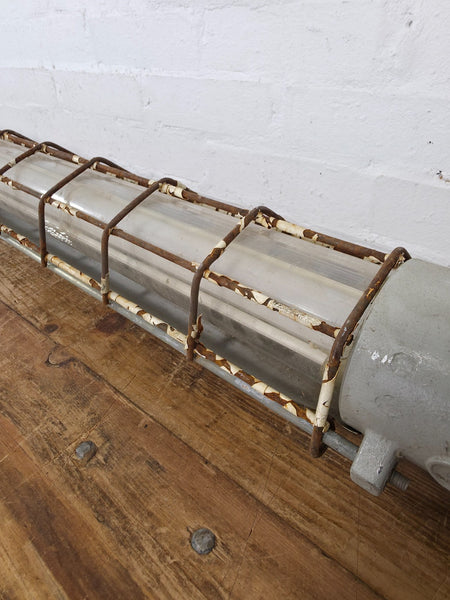 Large Vintage Industrial Caged Factory Explosion Bulk Head Ceiling Strip Light