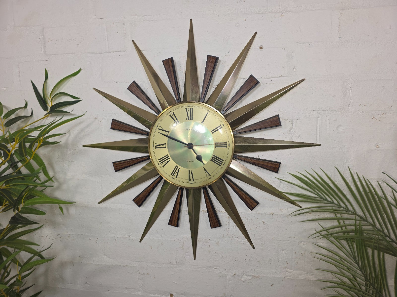 1960's Mid Century Retro Modernist Metamec Brass Teak Sunburst Wall Clock