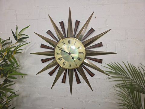 1960's Mid Century Retro Modernist Metamec Brass Teak Sunburst Wall Clock