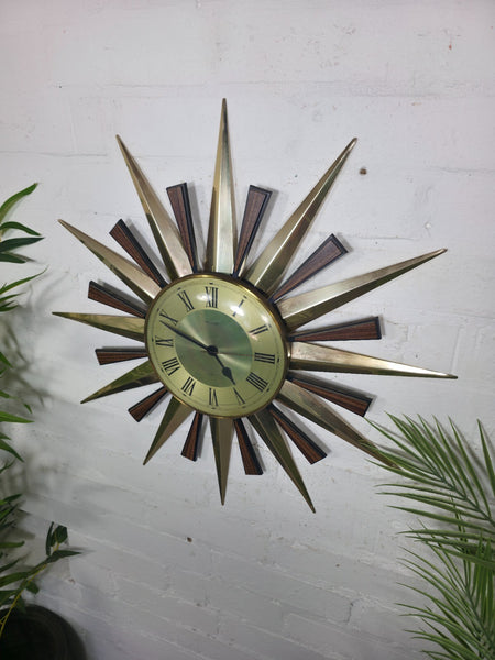 1960's Mid Century Retro Modernist Metamec Brass Teak Sunburst Wall Clock