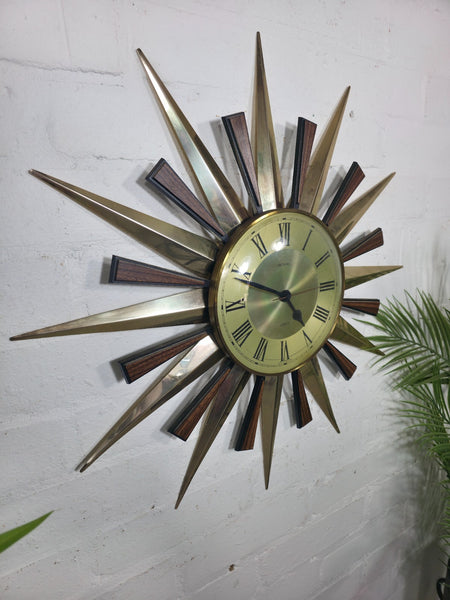 1960's Mid Century Retro Modernist Metamec Brass Teak Sunburst Wall Clock