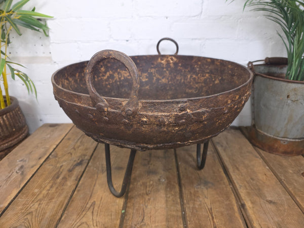 Antique Original Indian Riveted Kadai Fire Pit BBQ Drinks Ice Cooler Planter