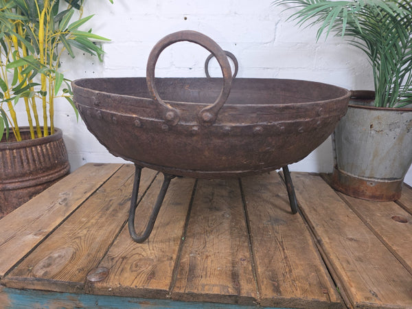Antique Original Indian Riveted Kadai Fire Pit BBQ Drinks Ice Cooler Planter