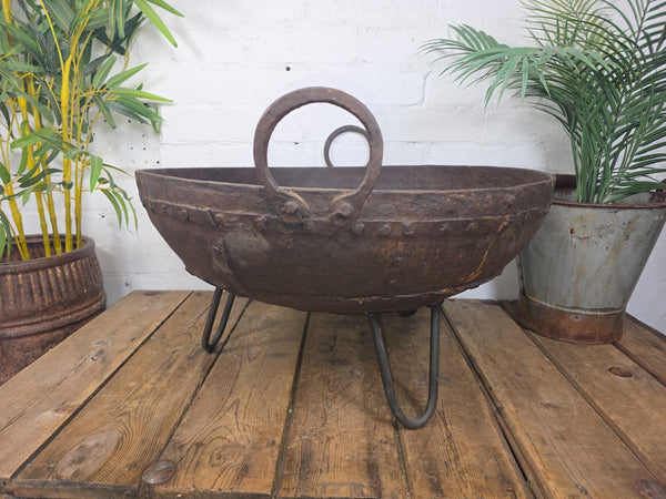 Antique Original Indian Riveted Kadai Fire Pit BBQ Drinks Ice Cooler Planter