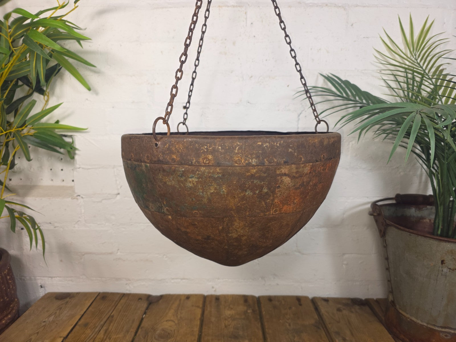 Vintage Indian Rustic Riveted Iron Metal Plant Pot Garden Planter Hanging Basket
