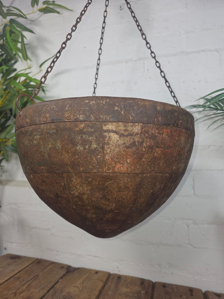 Vintage Indian Rustic Riveted Iron Metal Plant Pot Garden Planter Hanging Basket