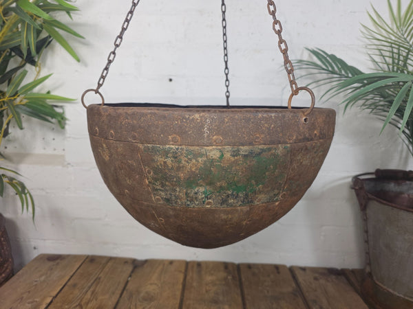 Vintage Indian Rustic Riveted Iron Metal Plant Pot Garden Planter Hanging Basket