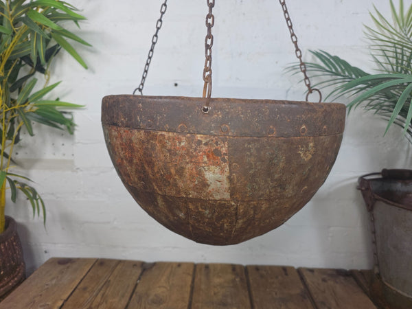 Vintage Indian Rustic Riveted Iron Metal Plant Pot Garden Planter Hanging Basket
