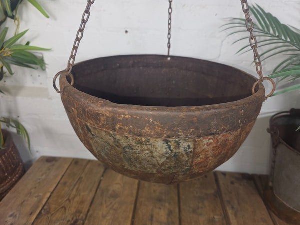 Vintage Indian Rustic Riveted Iron Metal Plant Pot Garden Planter Hanging Basket