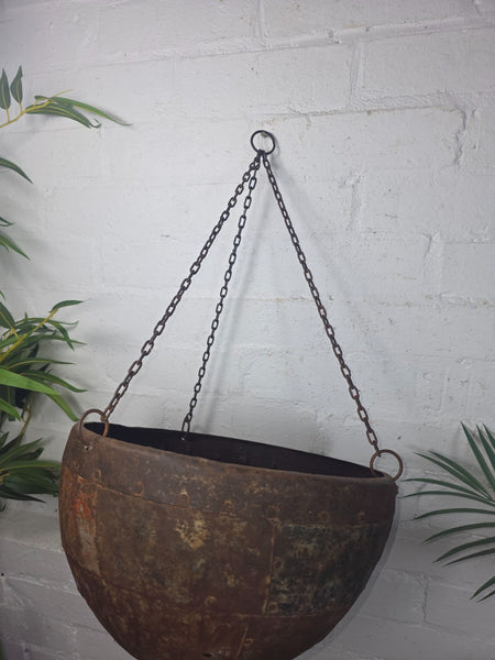 Vintage Indian Rustic Riveted Iron Metal Plant Pot Garden Planter Hanging Basket