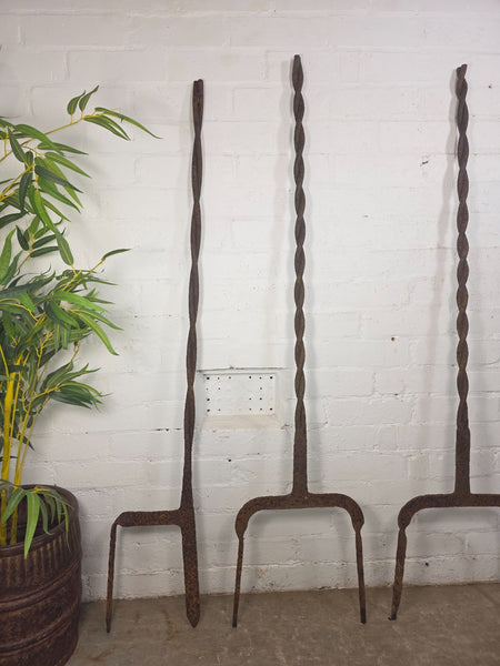 Set Antique 19th Century Wrought Iron Blacksmith Made Twisted Estate Fence Posts