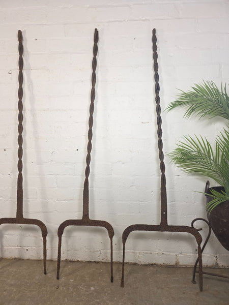 Set Antique 19th Century Wrought Iron Blacksmith Made Twisted Estate Fence Posts