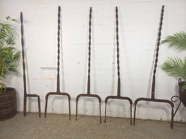 Set Antique 19th Century Wrought Iron Blacksmith Made Twisted Estate Fence Posts