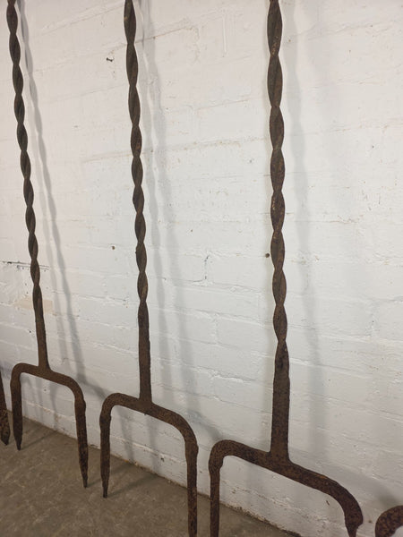 Set Antique 19th Century Wrought Iron Blacksmith Made Twisted Estate Fence Posts