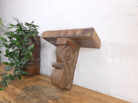 Vintage Rustic Indian Hand Carved Architectural Wall Shelf Plinth