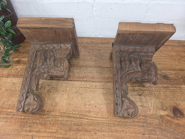 Pair Vintage Rustic Indian Hand Carved Architectural Wall Shelf Plinth
