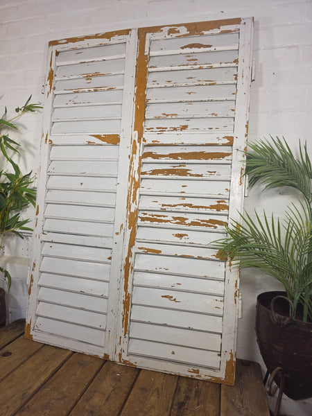 Vintage Antique Pair Rustic White French Louvered Pine Wooden Window Shutters