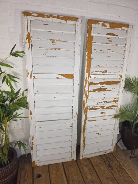 Vintage Antique Pair Rustic White French Louvered Pine Wooden Window Shutters