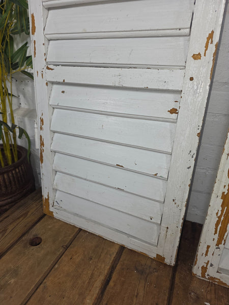 Vintage Antique Pair Rustic White French Louvered Pine Wooden Window Shutters