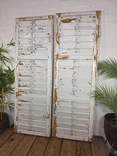 Vintage Antique Pair Rustic White French Louvered Pine Wooden Window Shutters