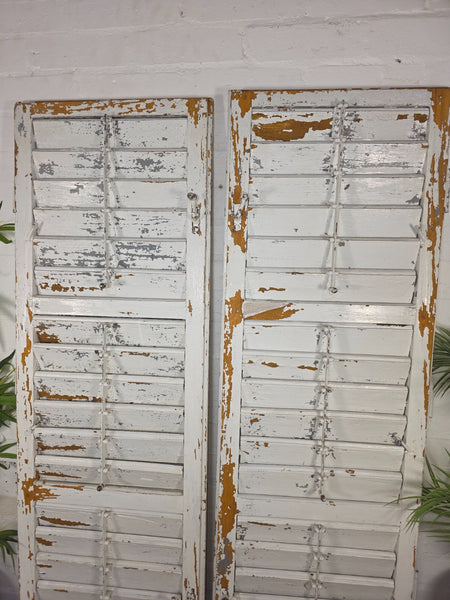 Vintage Antique Pair Rustic White French Louvered Pine Wooden Window Shutters