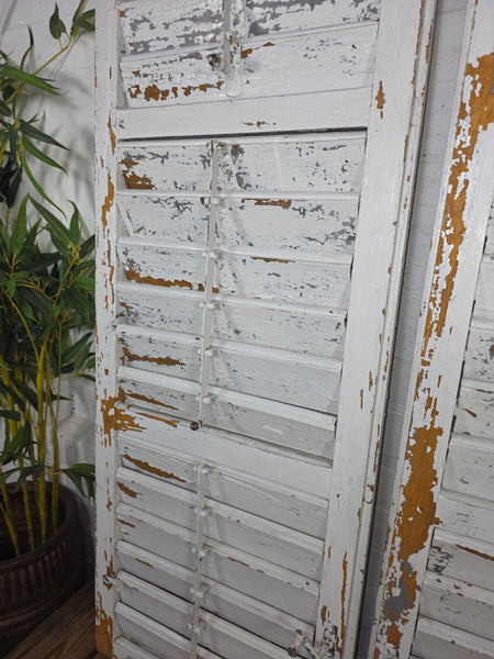Vintage Antique Pair Rustic White French Louvered Pine Wooden Window Shutters