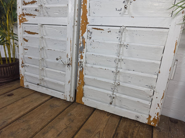 Vintage Antique Pair Rustic White French Louvered Pine Wooden Window Shutters