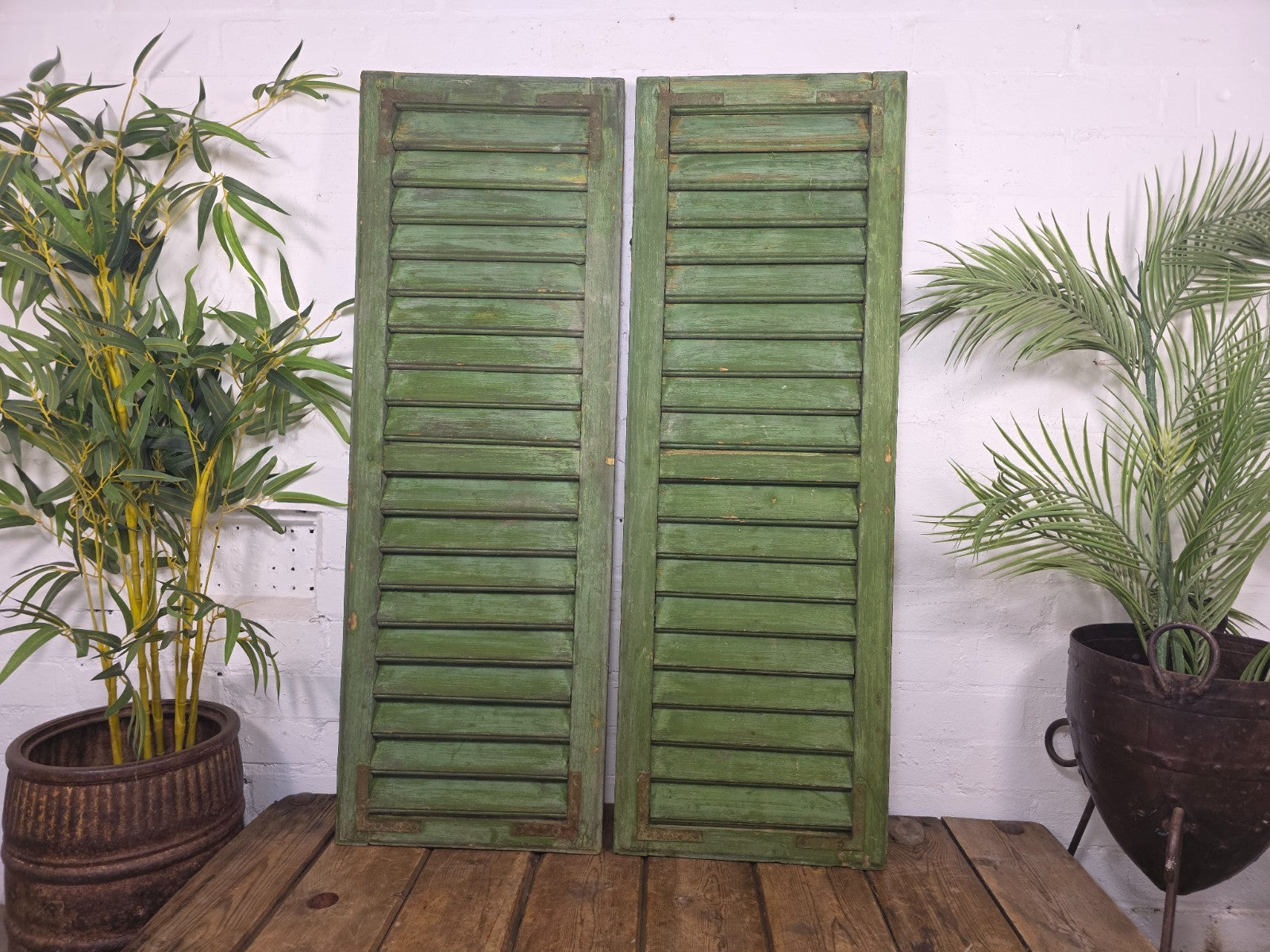 Vintage Antique Pair Rustic Green French Louvered Pine Wooden Window Shutters